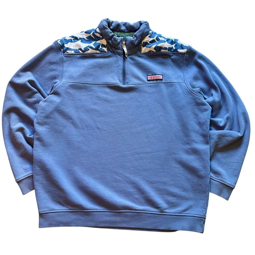 Vineyard Vines 1/4 Zip Preppy Sweatshirt Crew Unisex L Blue Fish Print Shoulder